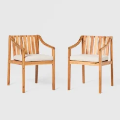 Saracina Home 2pk Mid-Century Modern Slatted Outdoor Acacia Arm Chairs With Cushions -Garden Furniture Store GUEST 0016f698 7c55 460b bf1f 8be1b164e811