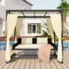 Patio Outdoor 3-Seat PE Rattan Swing Bed With Adjustable Curtains-ModernLuxe