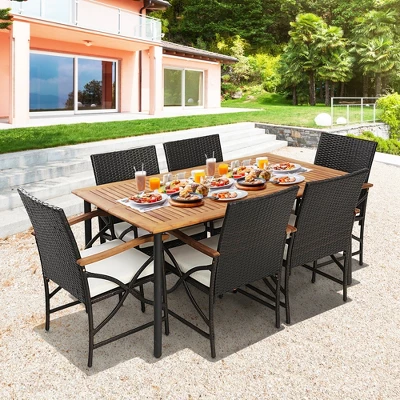 Costway 5PCS Patio Wicker Dining Set Cushion Armchairs Acacia Wood Table With Umbrella Hole 2 Costway 5PCS Patio Wicker Dining Set Cushion Armchairs Acacia Wood Table With Umbrella Hole - Image 2
