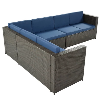9pc Wicker Patio Sectional Seating Set With Cushions - Brown/Blue - GODEER 2 9pc Wicker Patio Sectional Seating Set With Cushions - Brown/Blue - GODEER - Image 2
