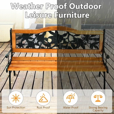 Patio Park Garden Bench Porch Path Chair Furniture Cast Iron Hardwood 7 Patio Park Garden Bench Porch Path Chair Furniture Cast Iron Hardwood - Image 7