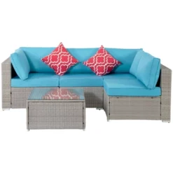 5pc Wicker Patio Seating Set With Cushions - Gray/Blue - GODEER -Garden Furniture Store GUEST 02f293ca 1e2d 463b 9308 dd6b9754edd7