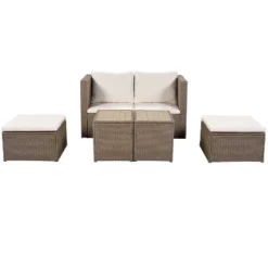 Outdoor Patio 6-Piece PE Wicker Sectional Sofa With 2 Coffee Tables, Brown Wicker + Beige Cushions - ModernLuxe -Garden Furniture Store GUEST 03ad4624 a7a1 477b a349 99686a772ddb
