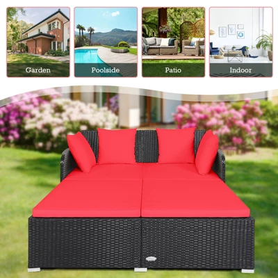 Tangkula Patio Rattan Daybed With 4 Pillows Cushioned Sofa For Outdoor 5 Tangkula Patio Rattan Daybed With 4 Pillows Cushioned Sofa For Outdoor - Image 5