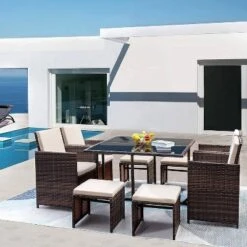 9pc Outdoor Conversation Set With Tempered Glass Table, Cushioned Chairs & Ottomans - Devoko -Garden Furniture Store GUEST 086b3cfc c520 474d 8eb7 8f82dc688896