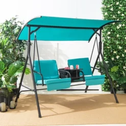 Costway 2-Person Canopy Porch Swing Padded Chair Cooler Bag Rotatable Tray TurquoiseBeigeBlack -Garden Furniture Store GUEST 097e4a15 182d 4023 9c9c ed5fcb169ebd