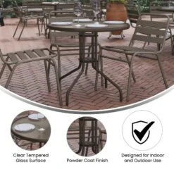 Emma And Oliver 31.5'' Round Glass Top Metal Table With 4 Aluminum Slat Stack Chairs -Garden Furniture Store GUEST 09c80244 42c8 494d bc28 7c1846ee74bf