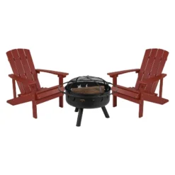 Flash Furniture 3 Piece Charlestown Poly Resin Wood Adirondack Chair Set With Fire Pit - Star And Moon Fire Pit With Mesh Cover -Garden Furniture Store GUEST 0a259dac bf09 4b90 9458 d49bdb4d6ac2