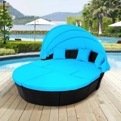 6pc Wicker Round Outdoor Sectional Set With Cushions - Black/Blue - GODEER 5 6pc Wicker Round Outdoor Sectional Set With Cushions - Black/Blue - GODEER - Image 5