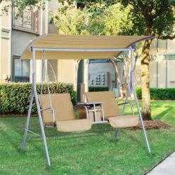 Outsunny 2 Person Porch Covered Swing Outdoor With Canopy, Table And Storage Console
