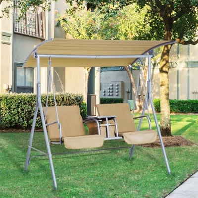 Outsunny 2 Person Porch Covered Swing Outdoor With Canopy, Table And Storage Console 1 Outsunny 2 Person Porch Covered Swing Outdoor With Canopy, Table And Storage Console