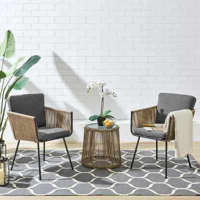 Barton 3PCS Outdoor Patio Conversation Set Chat Bistro Set (2) Chairs Armrest And Glass Table, Grey 2 Barton 3PCS Outdoor Patio Conversation Set Chat Bistro Set (2) Chairs Armrest And Glass Table, Grey - Image 2