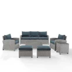 Bradenton 7pc Outdoor Wicker Sofa And Arm Chair Seating Set With Coffee Table, Side Table And 2 Ottomans - Navy/Gray - Crosley 15 Bradenton 7pc Outdoor Wicker Sofa And Arm Chair Seating Set With Coffee Table, Side Table And 2 Ottomans - Navy/Gray - Crosley -Garden Furniture Store GUEST 1538fd6b 4881 4b67 a0e9 e03998b1f827