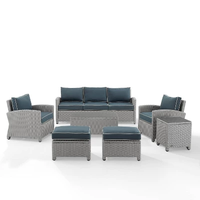 Bradenton 7pc Outdoor Wicker Sofa And Arm Chair Seating Set With Coffee Table, Side Table And 2 Ottomans - Navy/Gray - Crosley 6 Bradenton 7pc Outdoor Wicker Sofa And Arm Chair Seating Set With Coffee Table, Side Table And 2 Ottomans - Navy/Gray - Crosley - Image 6