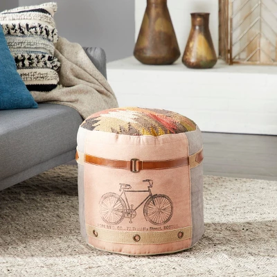 Cotton Pouf Featuring A Screenprinted Bicycle Illustration With Script - Olivia & May 8 Cotton Pouf Featuring A Screenprinted Bicycle Illustration With Script - Olivia & May - Image 8
