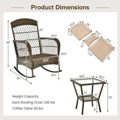 Costway Patio 3PCS Rocking Wicker Bistro Set 2 Rocker Chairs Tempered Glass Side Table 2 Costway Patio 3PCS Rocking Wicker Bistro Set 2 Rocker Chairs Tempered Glass Side Table - Image 2