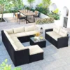 9pc Wicker Patio Sectional Seating Set With Cushions - Black/Beige - GODEER