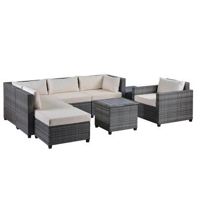 8pc Wicker Patio Conversation Set With Cushions - Beige - GODEER 5 8pc Wicker Patio Conversation Set With Cushions - Beige - GODEER - Image 5