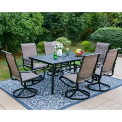7pc Outdoor Dining Set With Padded Swivel Chairs & Metal Rectangle Table With Umbrella Hole - Gray - Captiva Hole