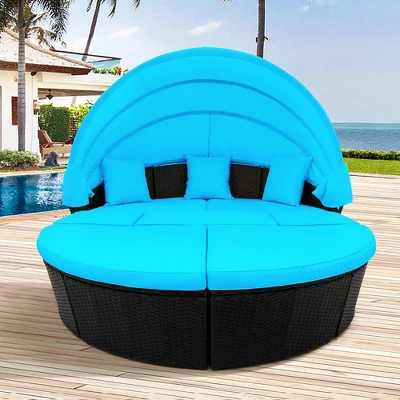6pc Wicker Round Outdoor Sectional Set With Cushions - Black/Blue - GODEER 3 6pc Wicker Round Outdoor Sectional Set With Cushions - Black/Blue - GODEER - Image 3
