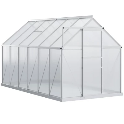 Outsunny Aluminum Greenhouse, Polycarbonate Walk-in Garden Greenhouse Kit With Adjustable Roof Vent, Rain Gutter And Sliding Door For Winter, Silver 3 Outsunny Aluminum Greenhouse, Polycarbonate Walk-in Garden Greenhouse Kit With Adjustable Roof Vent, Rain Gutter And Sliding Door For Winter, Silver - Image 3