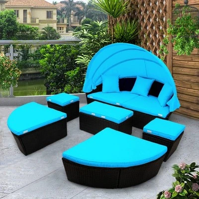 6pc Wicker Round Outdoor Sectional Set With Cushions - Black/Blue - GODEER 2 6pc Wicker Round Outdoor Sectional Set With Cushions - Black/Blue - GODEER - Image 2