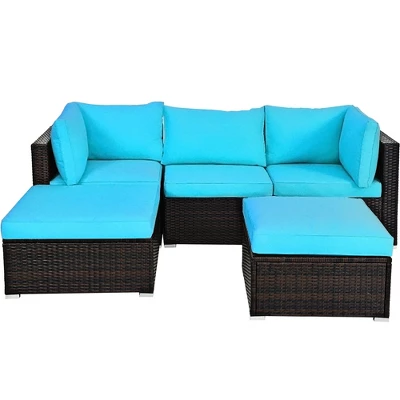Costway 5PCS Patio Rattan Sectional Conversation Set Ottoman Turquoise 9 Costway 5PCS Patio Rattan Sectional Conversation Set Ottoman Turquoise - Image 9