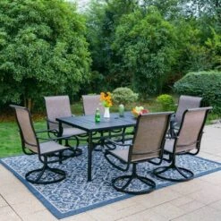 7pc Outdoor Dining Set With Swivel Sling Chairs & Large Metal Rectangle Table With Umbrella Hole - Gray - Captiva Designs -Garden Furniture Store GUEST 263a5b38 75c7 4aed 9ada 59966d95297d