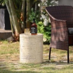 LuxenHome Beige And Brown MgO 13.6" Round Side Table For Indoor And Outdoor -Garden Furniture Store GUEST 26b6c021 b6a8 44ee bfde 326ed3fd4d2d