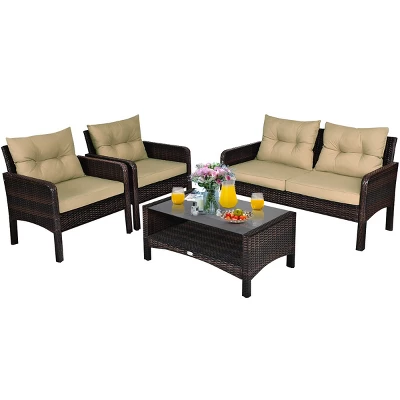 Costway 4PCS Patio Rattan Furniture Set Loveseat Sofa Coffee Table Sofa W/Cushion Garden 1 Costway 4PCS Patio Rattan Furniture Set Loveseat Sofa Coffee Table Sofa W/Cushion Garden