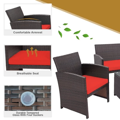 Costway 4PCS Patio Rattan Furniture Set Cushioned Chair Sofa Coffee Table White/Navy/Turquoise/Red 6 Costway 4PCS Patio Rattan Furniture Set Cushioned Chair Sofa Coffee Table White/Navy/Turquoise/Red - Image 6
