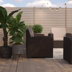 Merrick Lane Outdoor Furniture Resin Sofa Chocolate Brown Faux Rattan Wicker Pattern Patio 3-Seat Sofa With All-Weather Beige Cushions -Garden Furniture Store GUEST 295a9f00 8b91 494c 8768 c859f5b4e46d