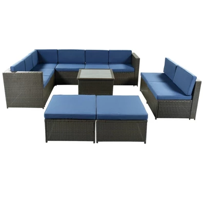 9pc Wicker Patio Sectional Seating Set With Cushions - Brown/Blue - GODEER 4 9pc Wicker Patio Sectional Seating Set With Cushions - Brown/Blue - GODEER - Image 4