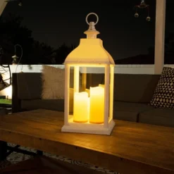 22" Candlelit Lantern With LED Lights White - Alpine Corporation