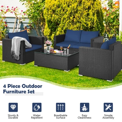 Costway 4PCS Patio Rattan Furniture Set Cushioned Sofa Loveseat With Navy & Turquoise Cover 6 Costway 4PCS Patio Rattan Furniture Set Cushioned Sofa Loveseat With Navy & Turquoise Cover - Image 6