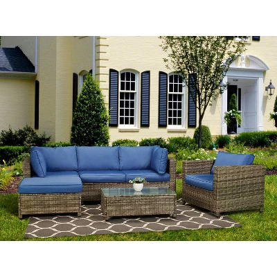 4pc Wicker Patio Sectional Seating Set - Blue - EDYO LIVING 1 4pc Wicker Patio Sectional Seating Set - Blue - EDYO LIVING