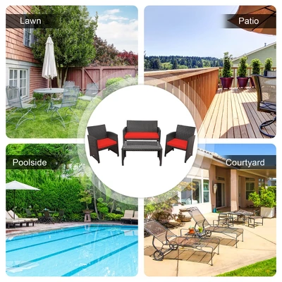 Costway 4PCS Patio Rattan Furniture Set Cushioned Chair Sofa Coffee Table White/Navy/Turquoise/Red 3 Costway 4PCS Patio Rattan Furniture Set Cushioned Chair Sofa Coffee Table White/Navy/Turquoise/Red - Image 3