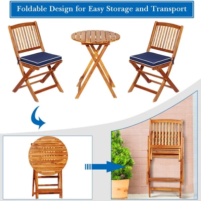 Costway 3PCS Patio Folding Wooden Bistro Set Cushioned Chair Conversation Cushion 5 Costway 3PCS Patio Folding Wooden Bistro Set Cushioned Chair Conversation Cushion - Image 5