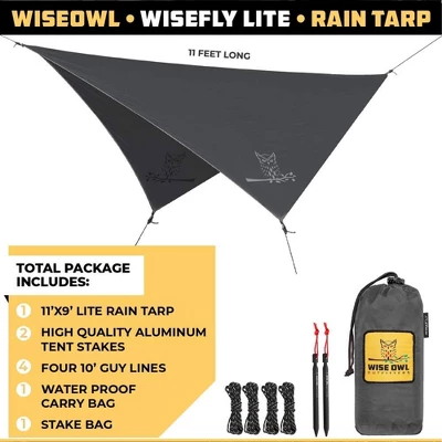 Wise Owl Outfitters Wisefly 11' X 9' Hammock Rain Tarp Cover With Guy Lines, Tent Stakes, And Waterproof Carry Bag, Gray, Accessory Only 1 Wise Owl Outfitters Wisefly 11' X 9' Hammock Rain Tarp Cover With Guy Lines, Tent Stakes, And Waterproof Carry Bag, Gray, Accessory Only
