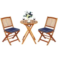 Costway 3PCS Patio Folding Wooden Bistro Set Cushioned Chair Conversation Cushion