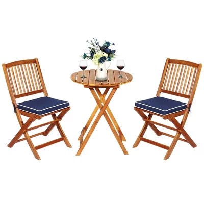 Costway 3PCS Patio Folding Wooden Bistro Set Cushioned Chair Conversation Cushion 1 Costway 3PCS Patio Folding Wooden Bistro Set Cushioned Chair Conversation Cushion