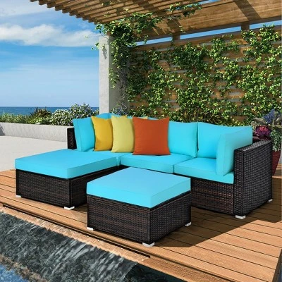 Costway 5PCS Patio Rattan Sectional Conversation Set Ottoman Turquoise 2 Costway 5PCS Patio Rattan Sectional Conversation Set Ottoman Turquoise - Image 2