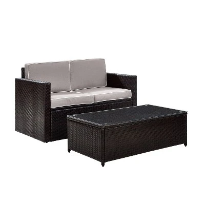 Palm Harbor 2pc Outdoor Wicker Seating Set With Gray Cushions- Loveseat & Glass Top Table - Crosley 1 Palm Harbor 2pc Outdoor Wicker Seating Set With Gray Cushions- Loveseat & Glass Top Table - Crosley