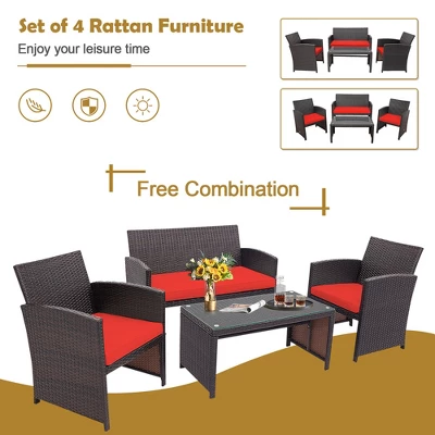 Costway 4PCS Patio Rattan Furniture Set Cushioned Chair Sofa Coffee Table White/Navy/Turquoise/Red 4 Costway 4PCS Patio Rattan Furniture Set Cushioned Chair Sofa Coffee Table White/Navy/Turquoise/Red - Image 4