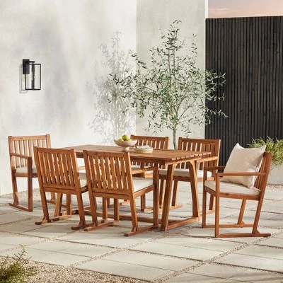 Saracina Home 7pc Modern Slatted Acacia Outdoor Dining Set With Trapezoid Legs 1 Saracina Home 7pc Modern Slatted Acacia Outdoor Dining Set With Trapezoid Legs