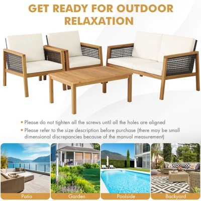 Tangkula 4-Piece Patio Acacia Wood Furniture Set Outdoor PE Rattan Conversation Set With Removable Cushions 3 Tangkula 4-Piece Patio Acacia Wood Furniture Set Outdoor PE Rattan Conversation Set With Removable Cushions - Image 3