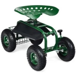 Costway Garden Cart Rolling Work Seat W/ Tool Tray Basket Green