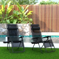 Merrick Lane Set Of 2 Folding Mesh Upholstered Zero Gravity Chair With Removable Pillow And Cupholder Tray