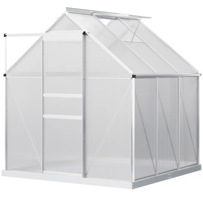 Outsunny Aluminum Greenhouse, Polycarbonate Walk-in Garden Greenhouse Kit With Adjustable Roof Vent, Rain Gutter And Sliding Door For Winter, Silver 7 Outsunny Aluminum Greenhouse, Polycarbonate Walk-in Garden Greenhouse Kit With Adjustable Roof Vent, Rain Gutter And Sliding Door For Winter, Silver - Image 7