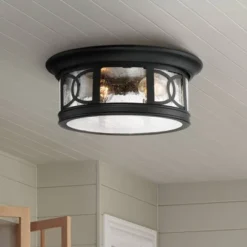 John Timberland Flush Mount Outdoor Ceiling Light Fixture Black 12" Seedy Glass For Exterior House Porch